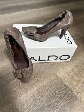 ALDO Taupe Leather Pointed-Toe Heels with Buckle